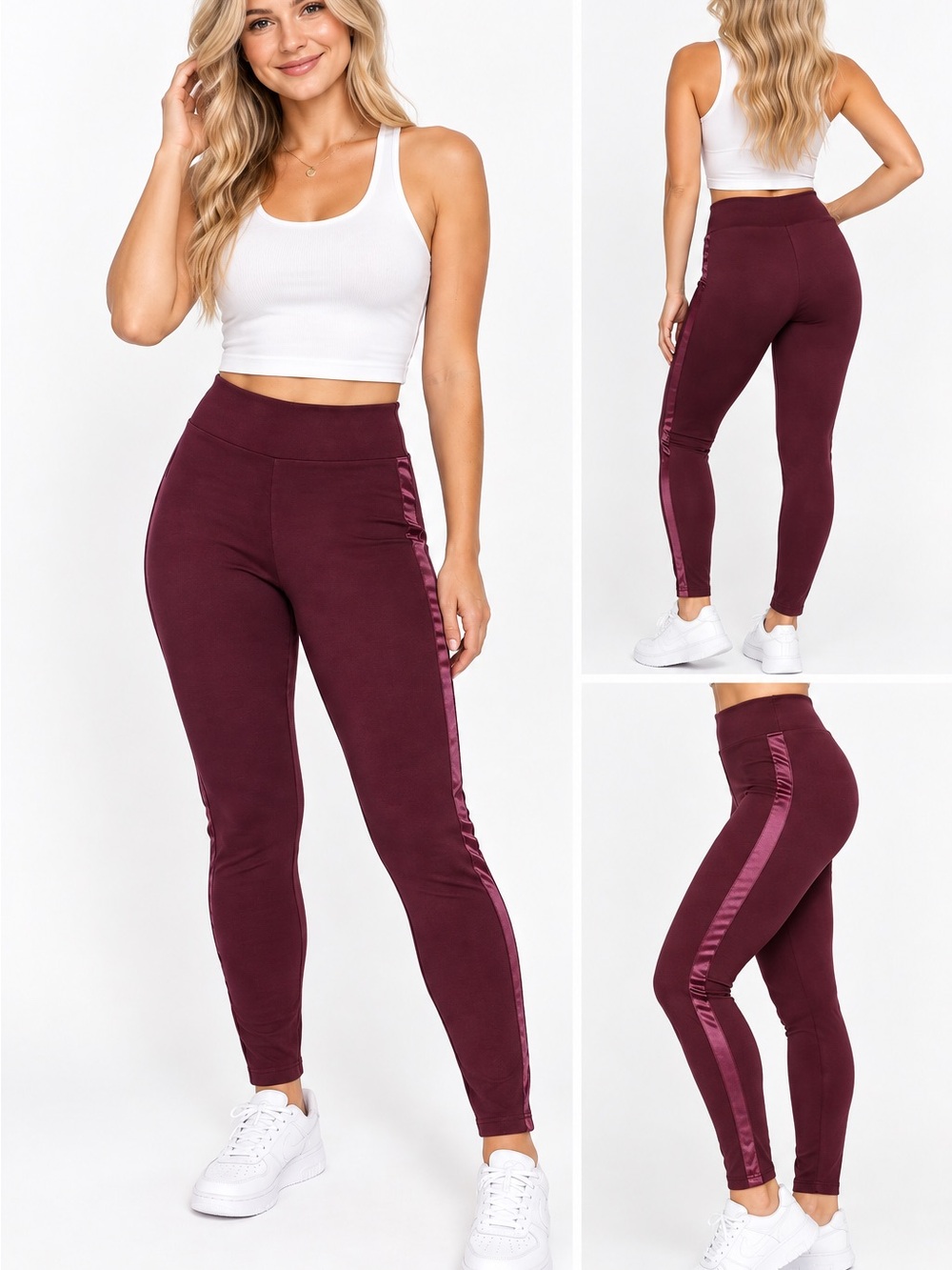 Forever 21 Women’s Burgundy Faux Leather Side Stripe Leggings Size M Y2K Skinny